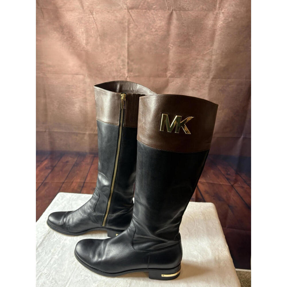 Michael Kors Hayley Black/Brown Two Tone Leather Side Zip Riding Boots Sz 9.5M - Picture 4 of 6